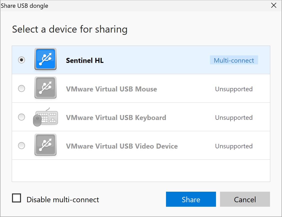  share usb dongle to vmware